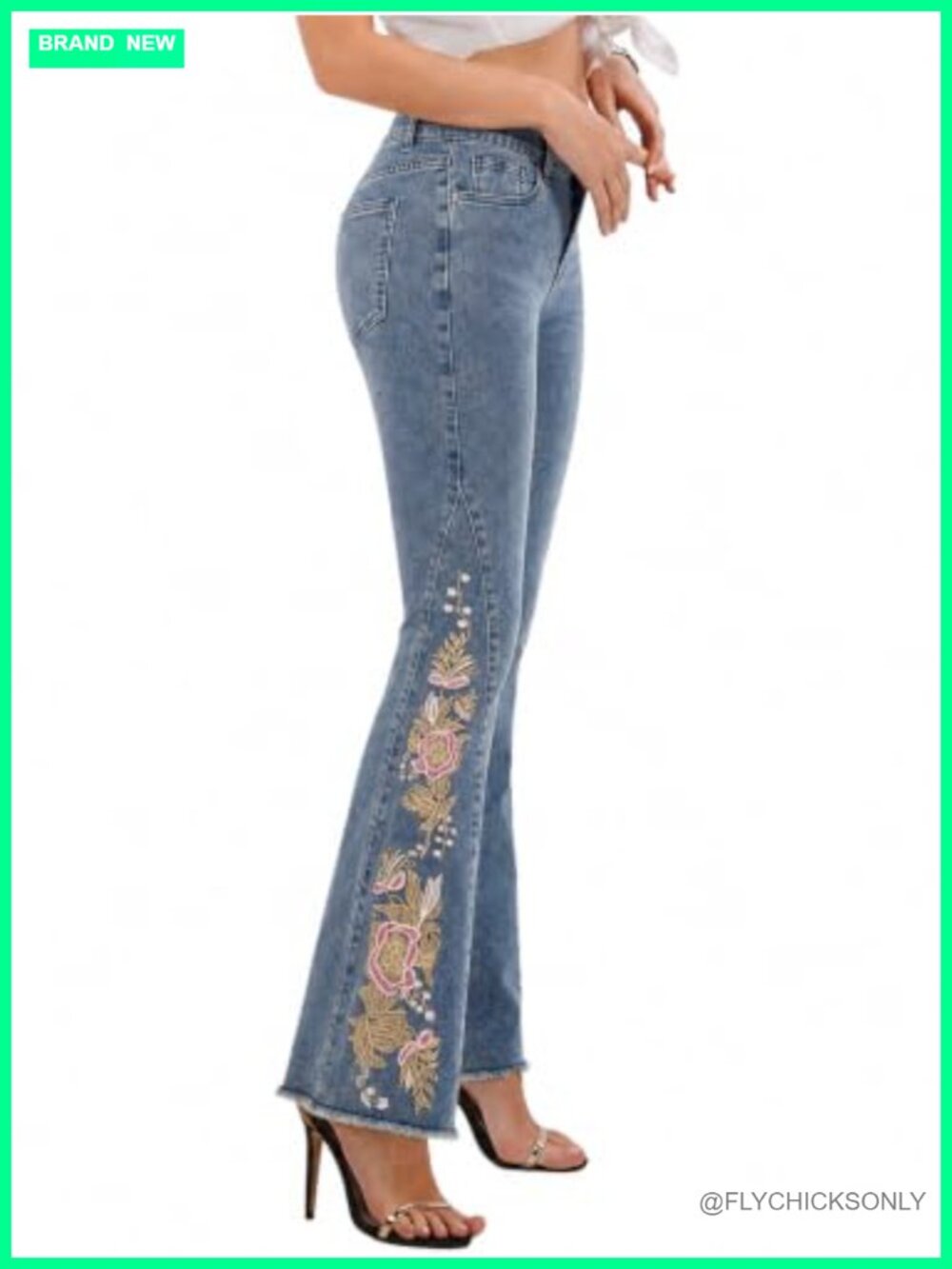 Floral Embroidered Flare Jeans High Rise Stretch Denim Raw Hem